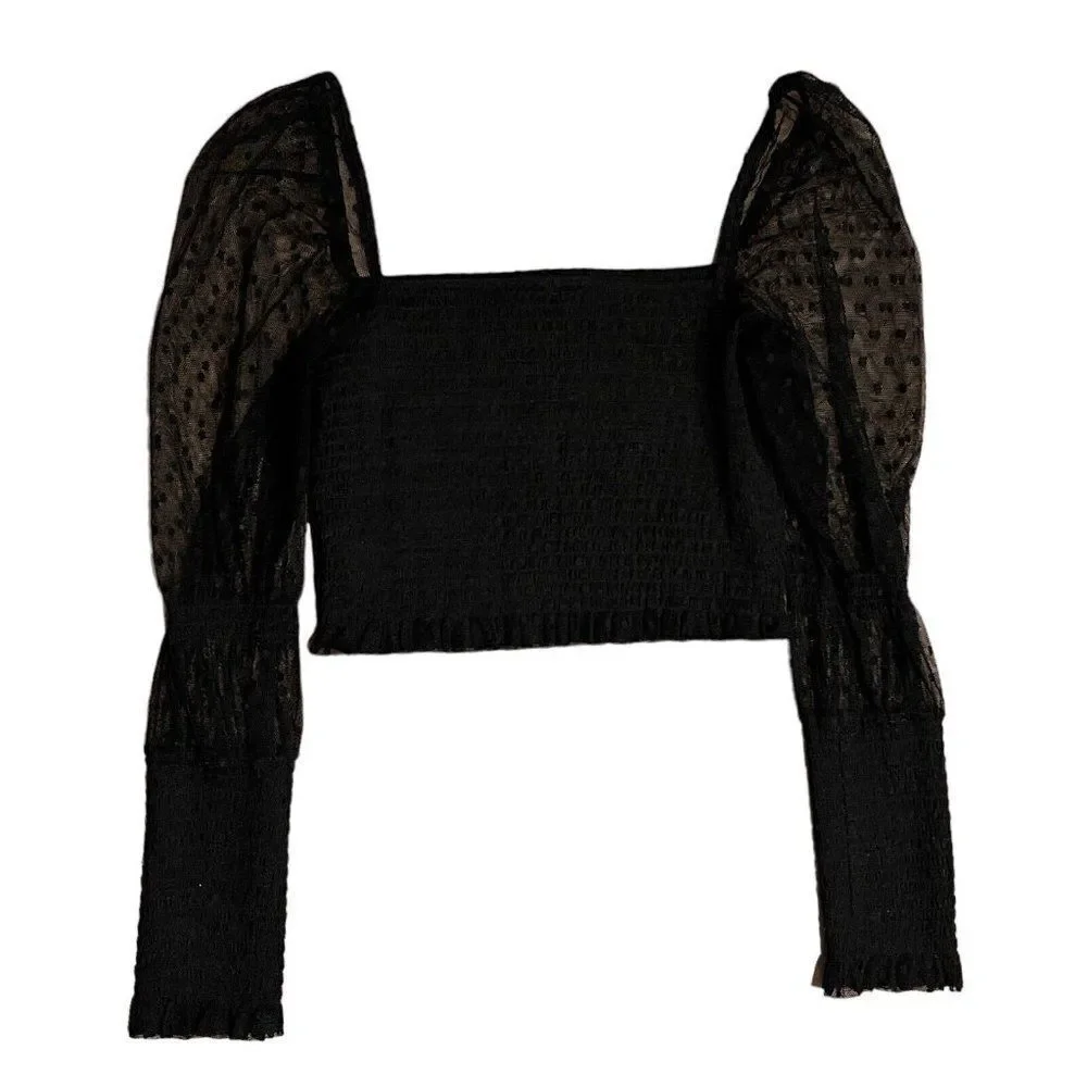 NEW Free People Top Large Black Crop Long Sleeve Polka Dot Mesh Romantic Square‎